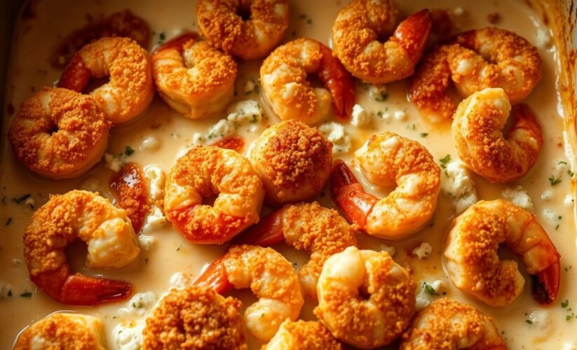 A close-up of a baked casserole dish filled with golden panko-crusted shrimp and melted feta cheese, garnished with fresh herbs.