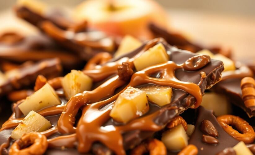 A close-up of Caramel Apple Chocolate Pretzel Bark, showing layers of melted chocolate, gooey caramel, crunchy pretzels, and dried apple pieces, cut into bite-sized squares.