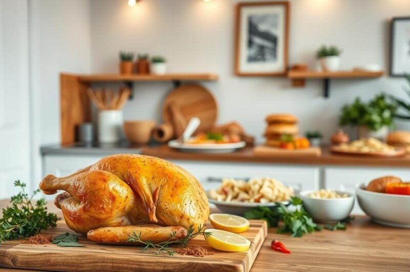 A variety of delicious dishes made with rotisserie chicken, including salads, soups, casseroles, and sandwiches, arranged on a kitchen counter.