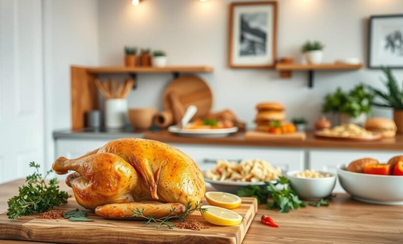 A variety of delicious dishes made with rotisserie chicken, including salads, soups, casseroles, and sandwiches, arranged on a kitchen counter.