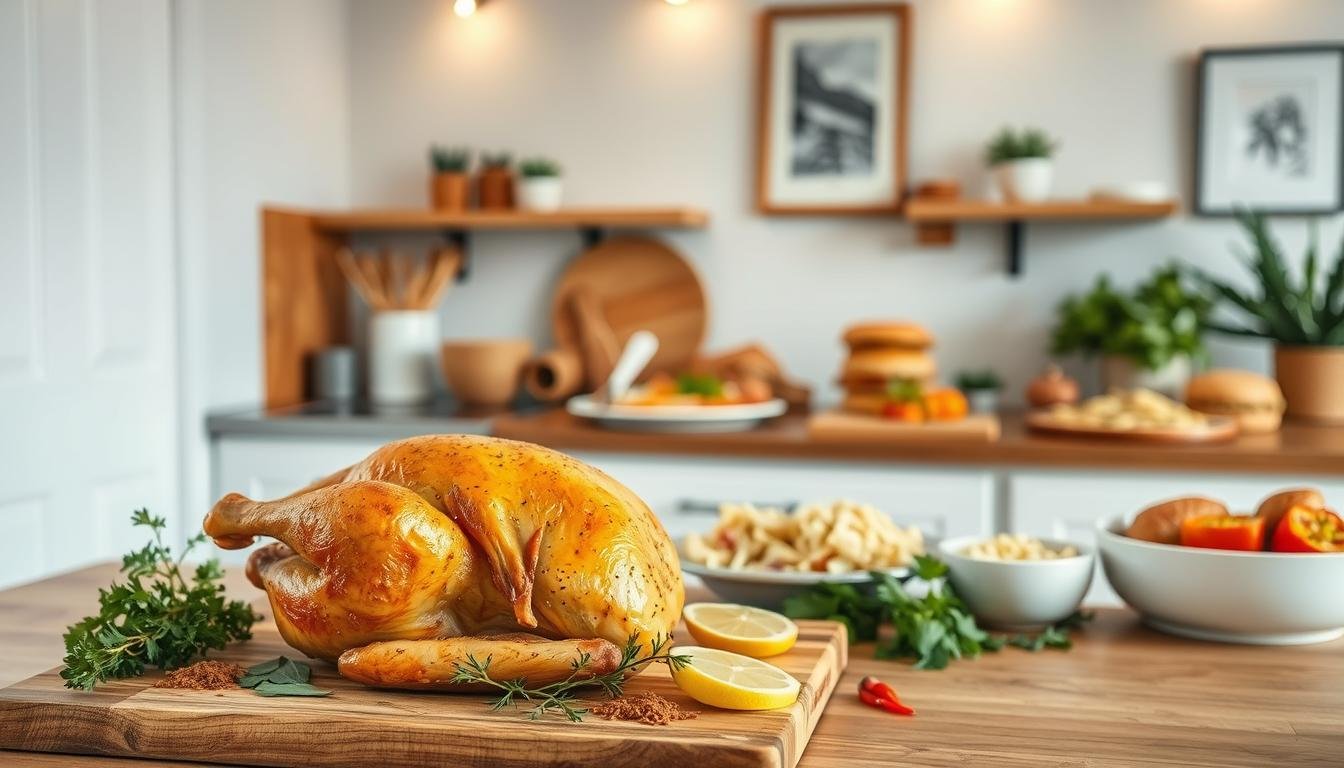 A variety of delicious dishes made with rotisserie chicken, including salads, soups, casseroles, and sandwiches, arranged on a kitchen counter.