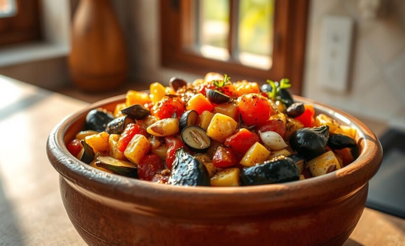 A close-up of traditional Moroccan Zaalouk, a smoky and flavorful aubergine salad made with roasted eggplants, tomatoes, garlic, olive oil, and spices, garnished with fresh parsley and served in a rustic bowl.