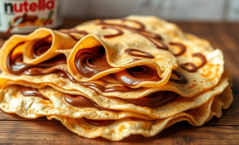 Golden-brown Nutella Crepes filled with creamy chocolate-hazelnut spread, topped with powdered sugar and fresh strawberries, served on a plate for a sweet breakfast or dessert.