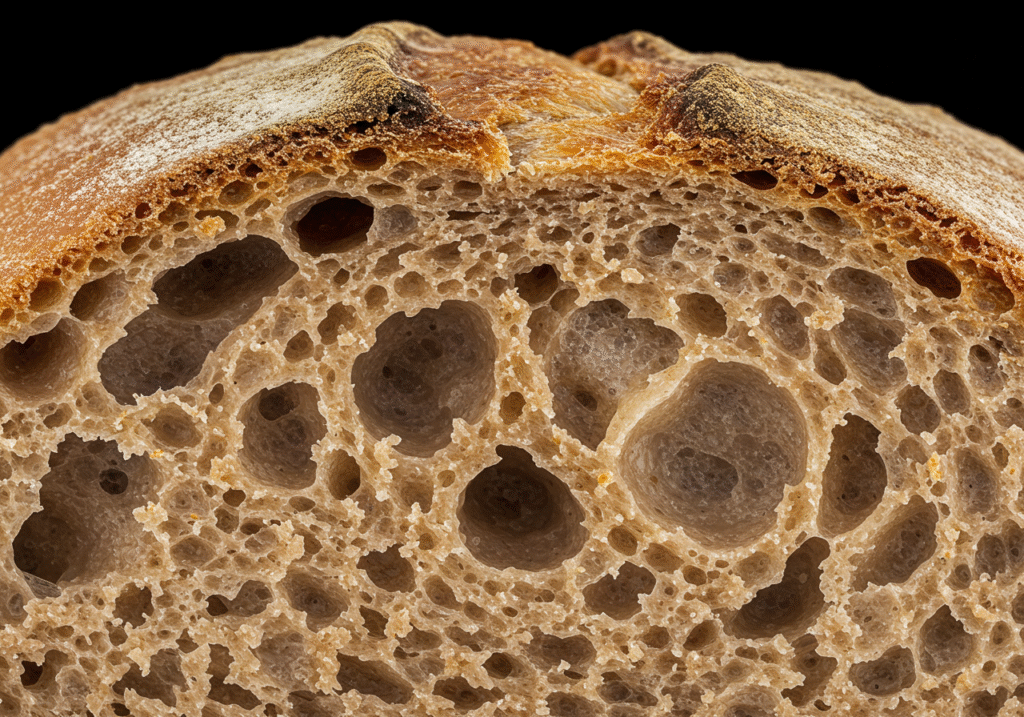 Macro photography of no-yeast bread crumb analysis