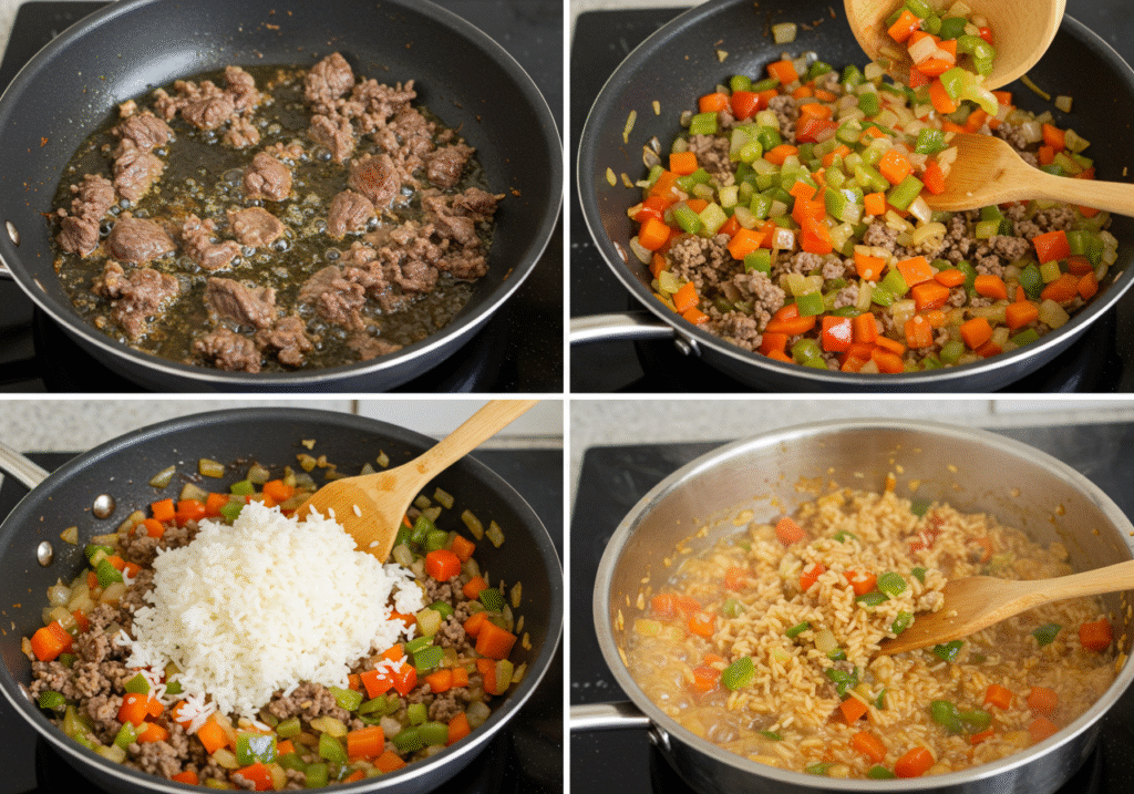 Step-by-step ground beef and rice preparation