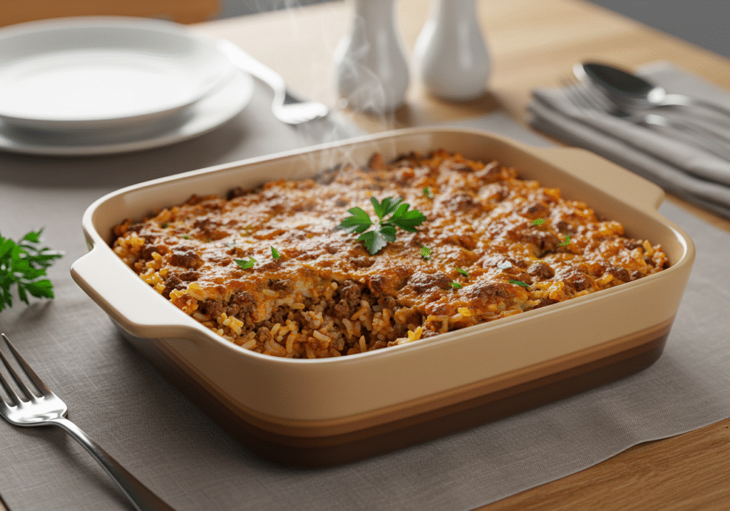 Family enjoying ground beef and rice dinner