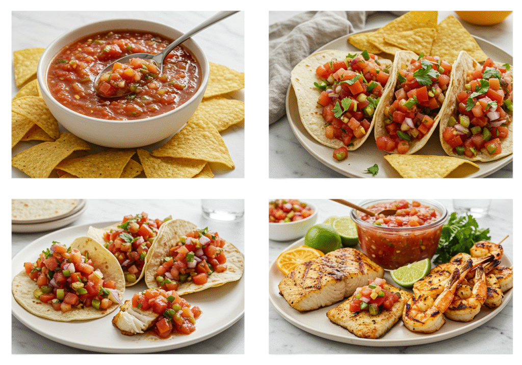 Salsa served in various contexts. Prompt: Salsa presentation including bowl with chips, topping for tacos, accompaniment to grilled fish, and part of a appetizer platter - versatile serving ideas