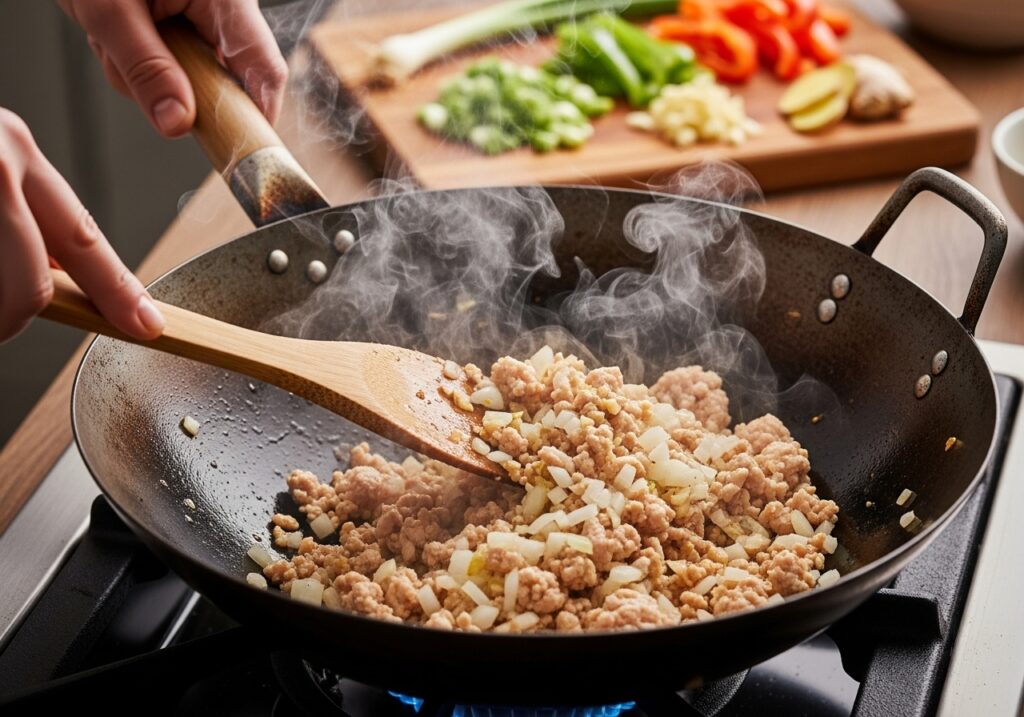 Cooking ground chicken with vegetables in wok for easy Asian lettuce wrap recipe.