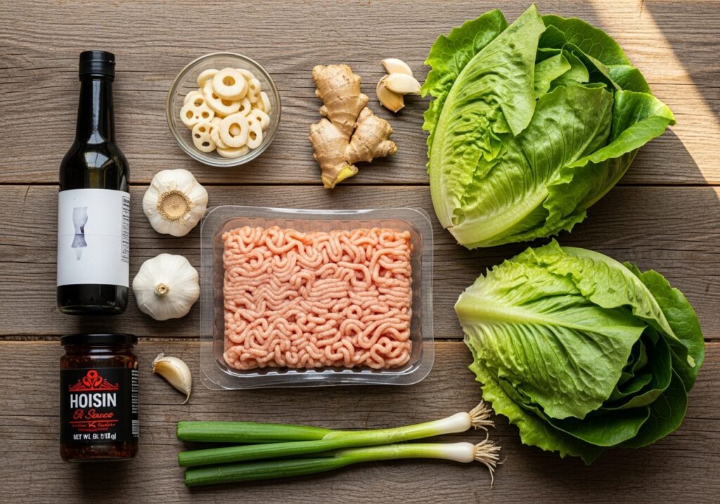 Fresh ingredients for ground chicken lettuce wraps recipe including chicken, lettuce, and Asian sauces.