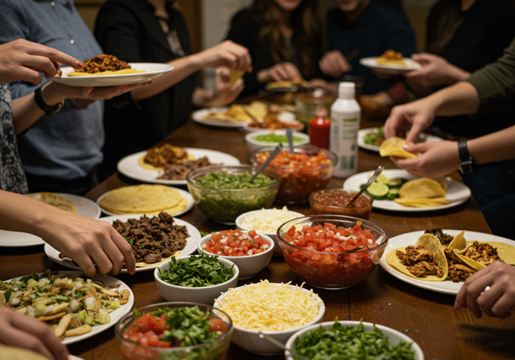 Carne asada taco party spread with various toppings