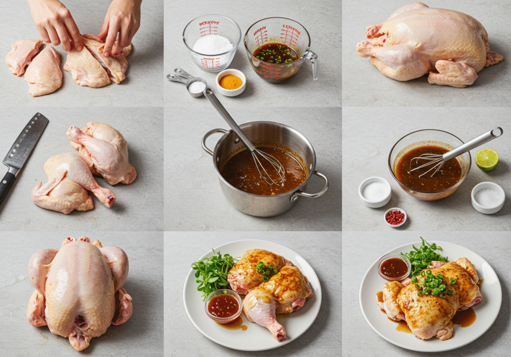 Professional rotisserie chicken preparation sequence
