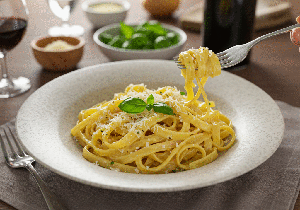 Finished fettuccine with homemade creamy pasta sauce in a serving bowl, garnished with Parmesan and herbs, ready to enjoy.
