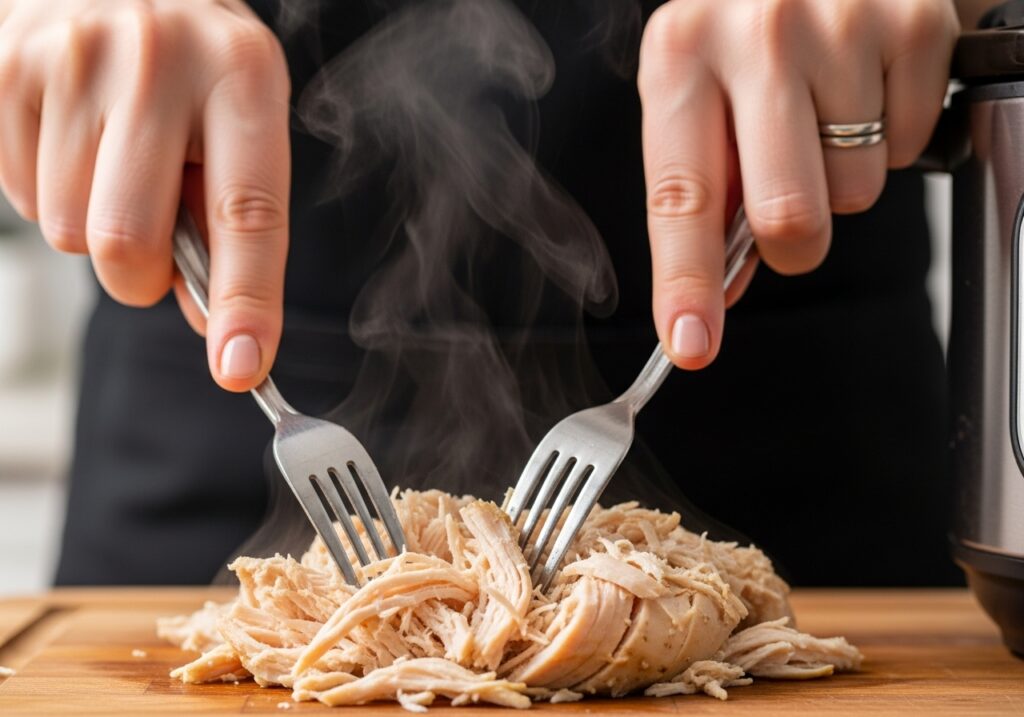 Close-up of hands shredding a tender, cooked chicken breast with two forks, showing how easy it is to prepare shredded chicken.