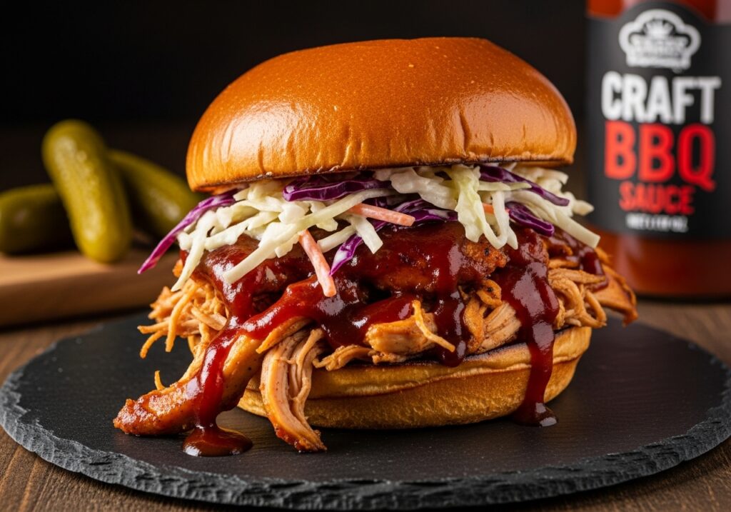 A close-up of a juicy, finished BBQ shredded chicken sandwich with coleslaw on a toasted bun, ready to eat.