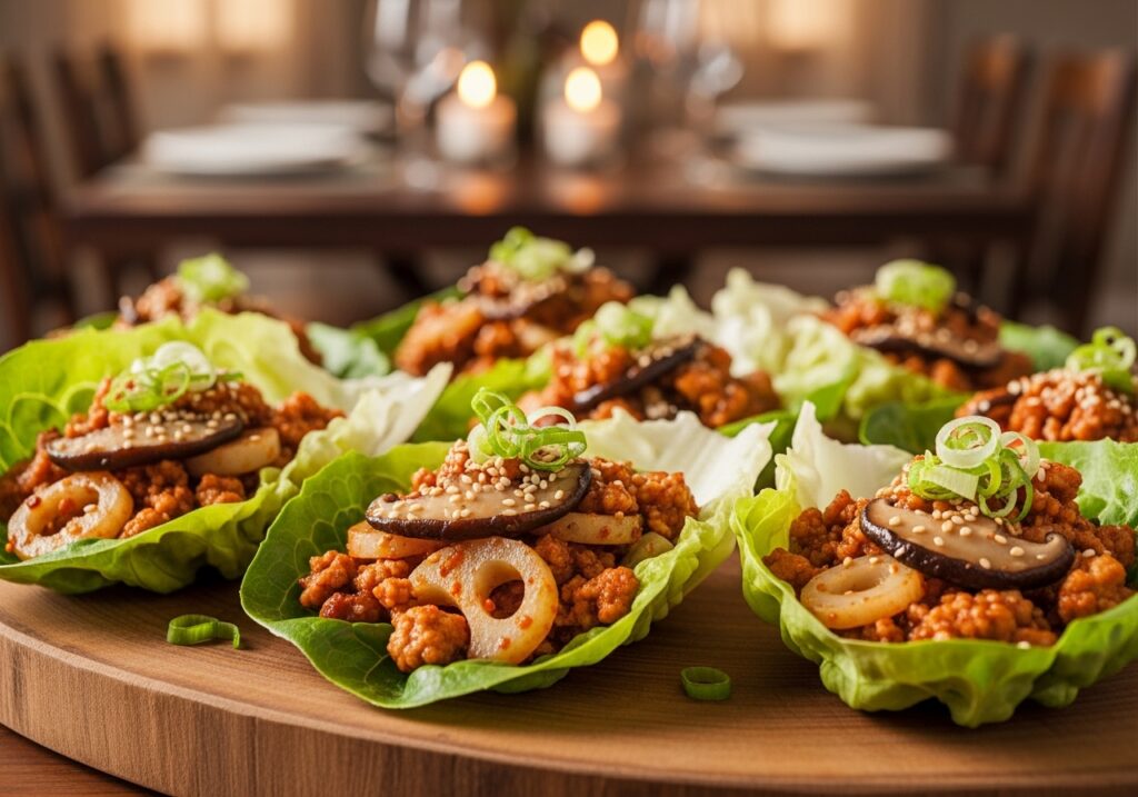 Finished ground chicken lettuce wraps in fresh lettuce cups, ready to serve and eat.