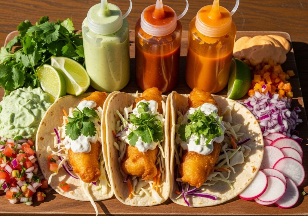 Beautiful fish taco platter with sauce being drizzled over the top