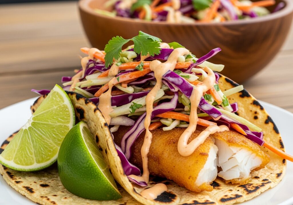 Beautiful fish tacos topped with crunchy slaw and drizzled with sauce