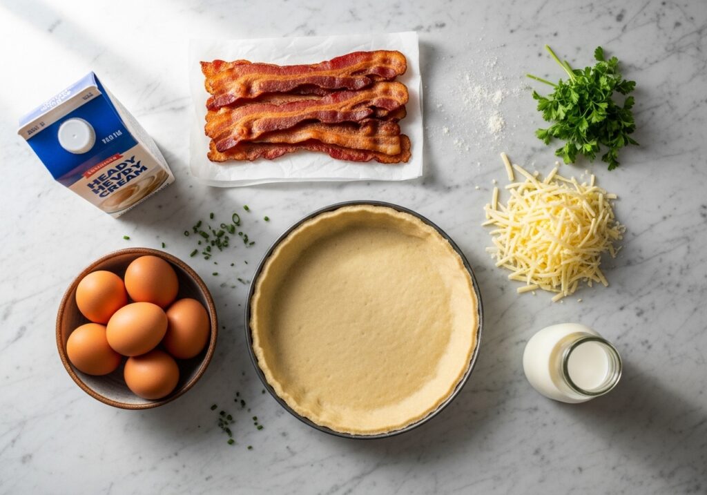 Fresh ingredients for breakfast quiche recipe including eggs, bacon, cheese, and pie crust arranged on marble surface.
