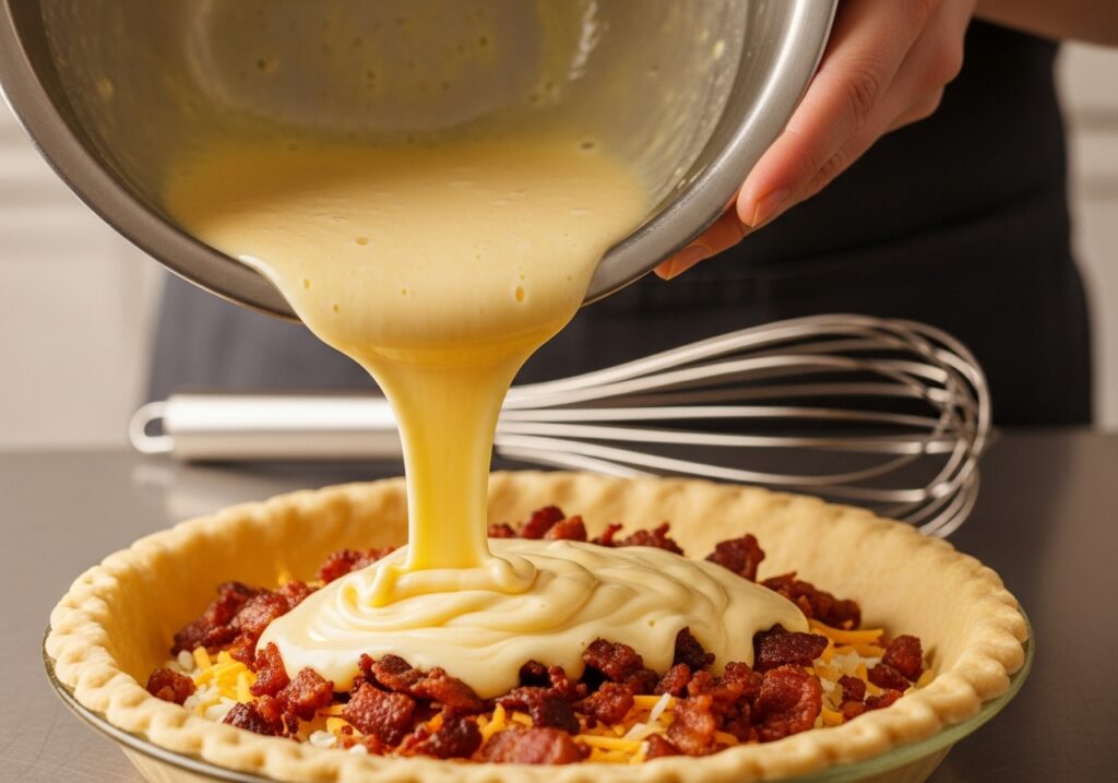 Pouring egg custard mixture into pie crust for breakfast quiche preparation step.