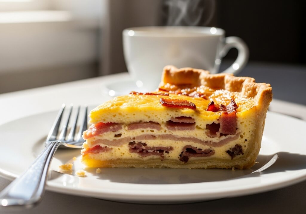 Slice of finished breakfast quiche showing flaky crust and creamy bacon and cheese filling, ready to serve.