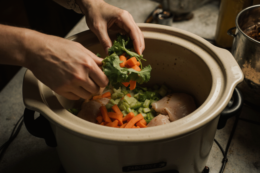 Adding all raw ingredients including chicken and vegetables to the crockpot insert to begin making crockpot soup recipes.