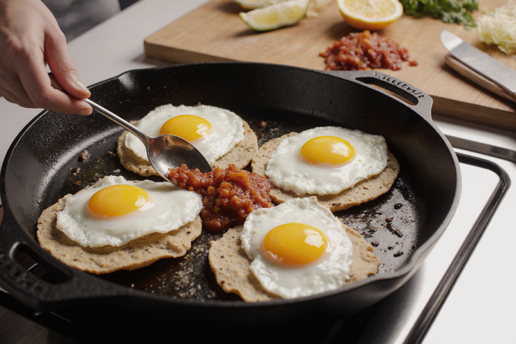 Assembling traditional huevos rancheros Mexican breakfast with tortillas, eggs and salsa