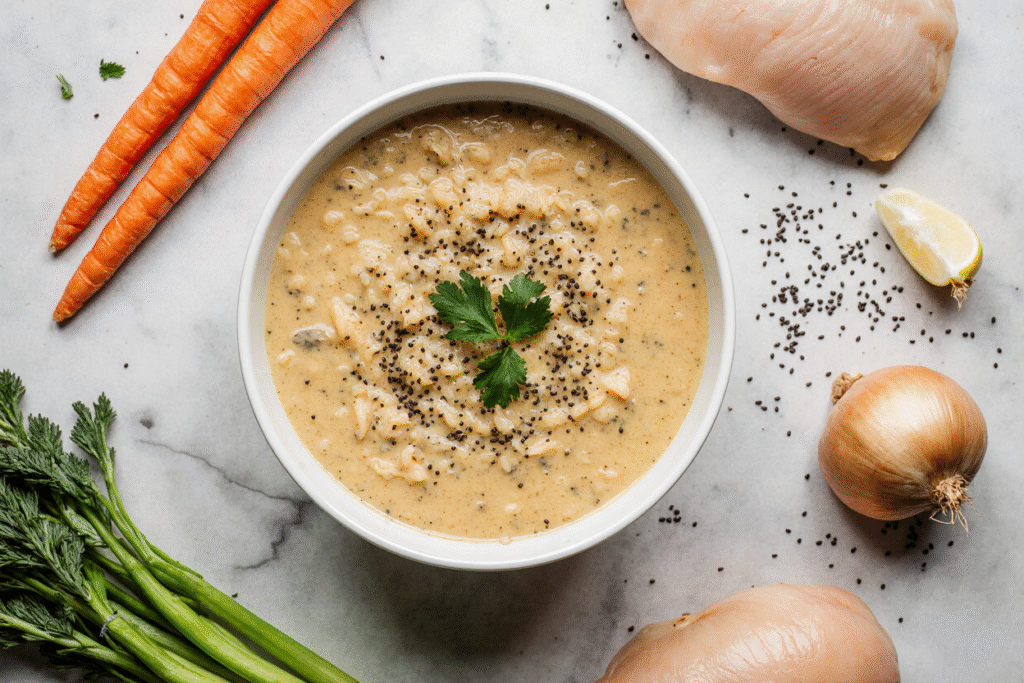 Close-up of the final creamy chicken and wild rice soup, a delicious and hearty result from our collection of crockpot soup recipes, garnished with parsley.