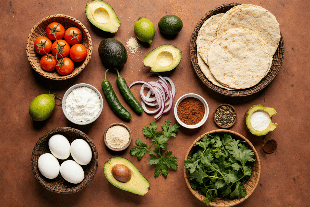 Fresh ingredients for Mexican breakfast recipes including tortillas, eggs, vegetables and spices arranged on terracotta surface