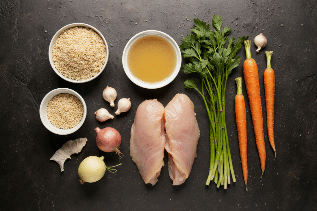 Raw ingredients for crockpot soup recipes including chicken, wild rice, carrots, celery, and onions arranged on a kitchen counter.