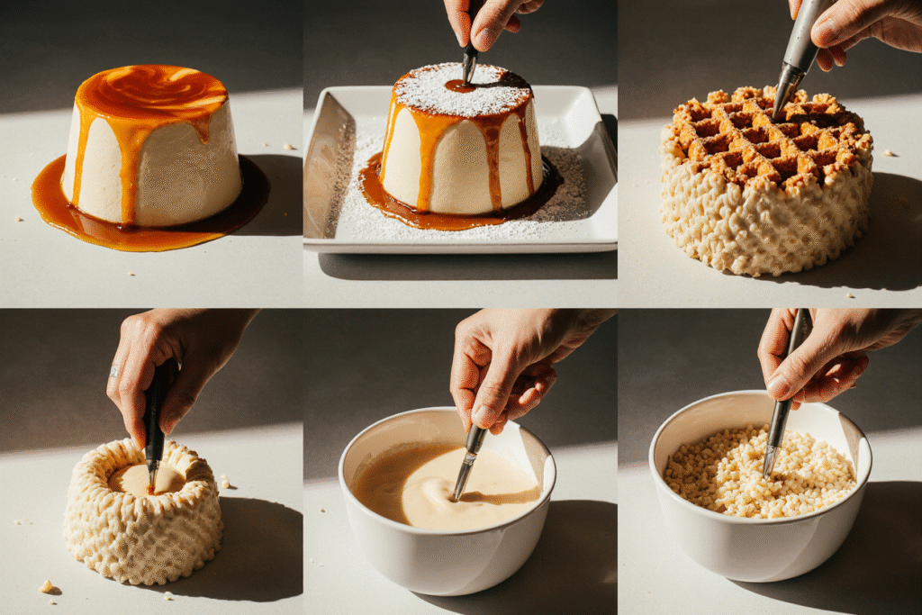 Close-up of caramel being poured into a flan mold, showing golden amber color and glossy texture