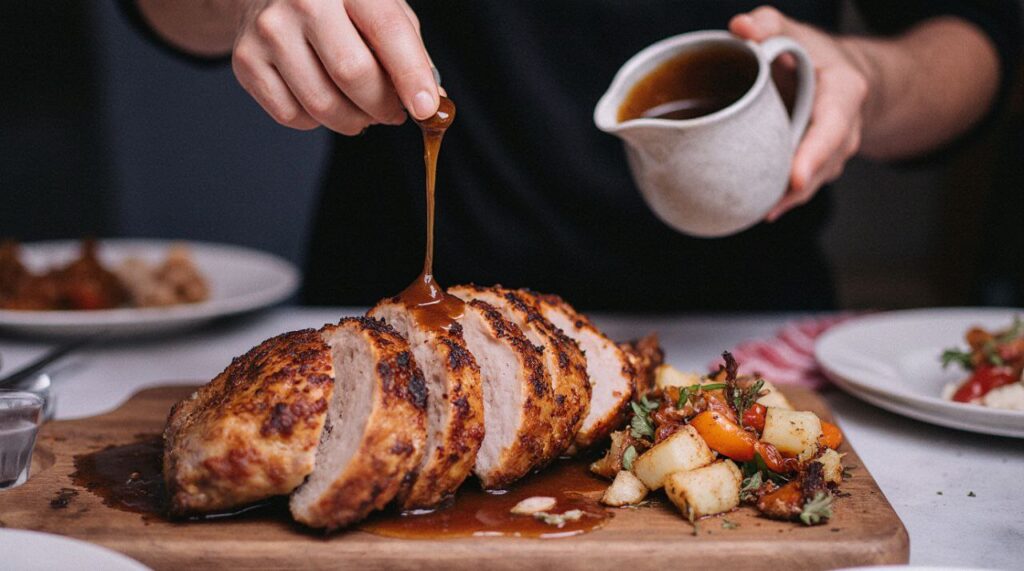 Sliced roast chicken revealing steaming, juicy white and dark meat, served alongside the crispy roasted vegetables from the pan.