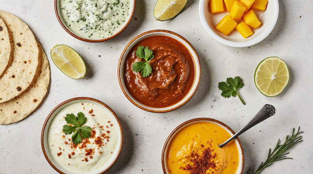 Three small bowls of final fish taco sauces: creamy cilantro-lime, spicy chipotle crema, and tropical mango-habenero, displayed from above.