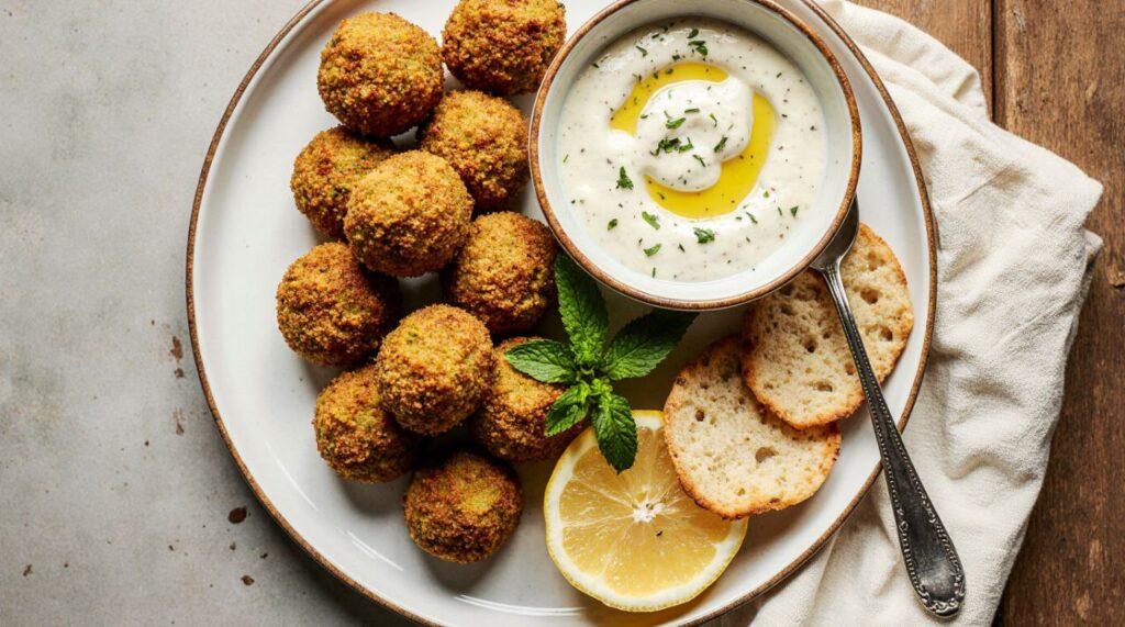 A final platter of golden-brown,Cod Fish Recipes crispy baked falafel with pita bread, tahini sauce, and fresh lemon on a rustic table.