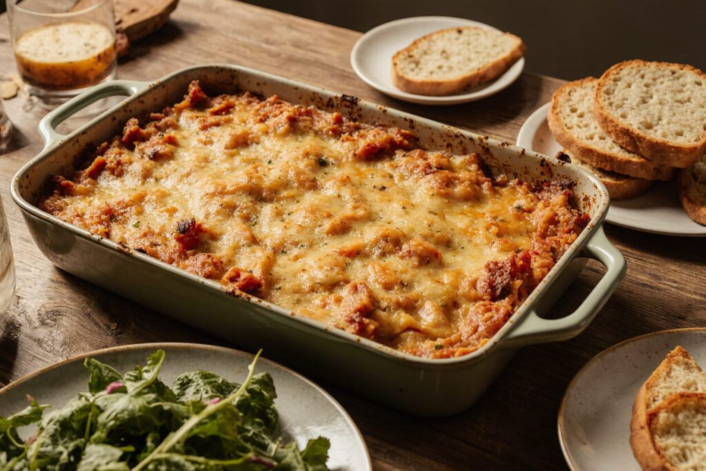Golden-brown baked lasagna fresh from the oven with crispy cheese edges.