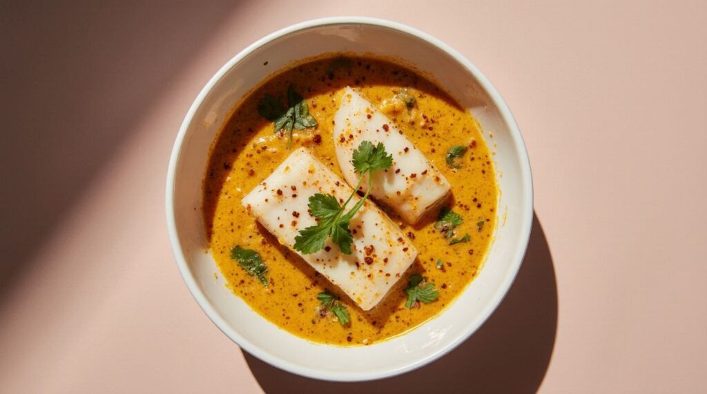 Flaky white cod fillets in a creamy golden coconut curry sauce, garnished with fresh cilantro and red chili, served in a white bowl with jasmine rice on the side.