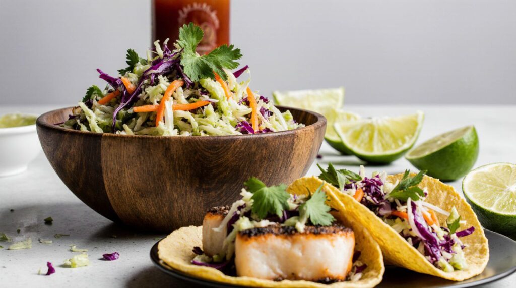 A close-up of a final bowl of colorful, crunchy fish taco slaw, shown next to a prepared fish taco.