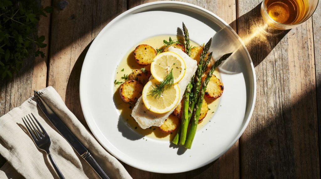 A final platter of lemon herb baked cod with roasted vegetables, presented elegantly on a white platter.