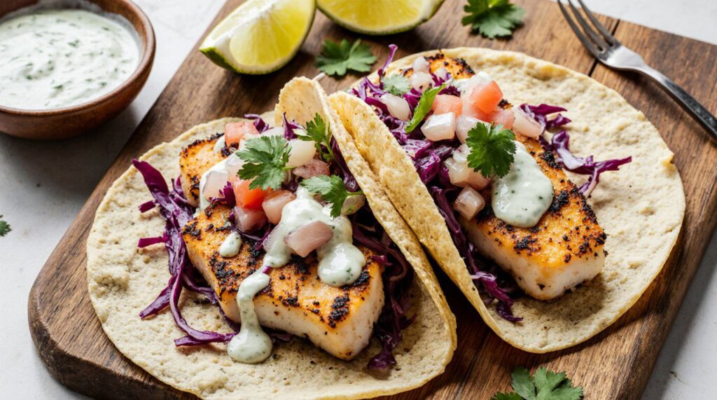 Golden-brown cod fish tacos in corn tortillas topped with colorful cabbage slaw, fresh pico de gallo, and drizzled with cilantro-lime sauce, served with lime wedges on a rustic board.