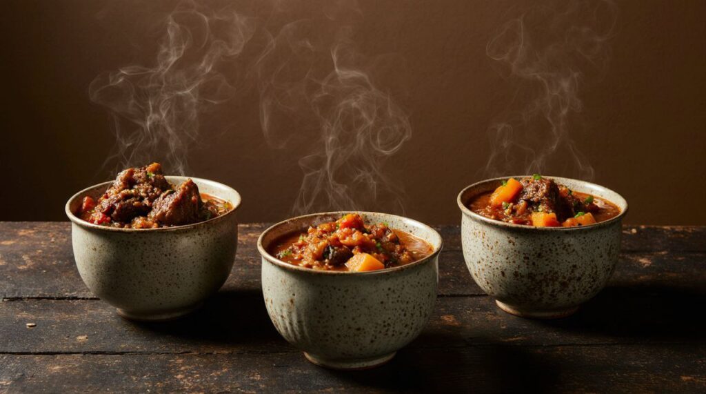 Three different stew meat recipes served in rustic bowls