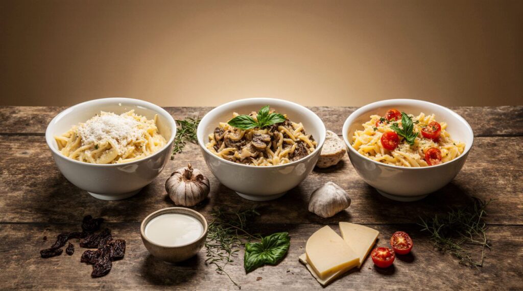 Beautiful plate of fettuccine Alfredo garnished with fresh parsley and Parmesan cheese