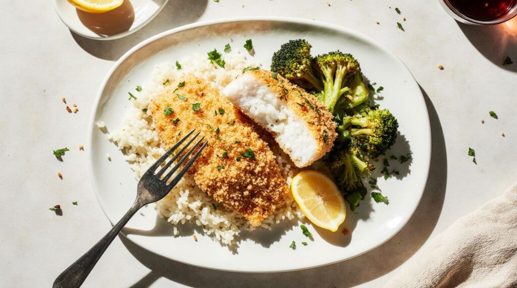 Golden-brown panko-crusted baked cod fillets with crispy coating and flaky white interior, served with lemon rice and roasted broccoli on a white platter.