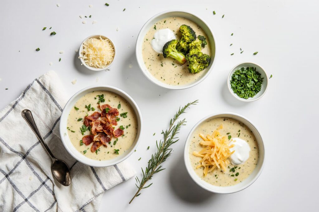 Three variations of potato soup in bowls: classic creamy, loaded with toppings, and a chunky version.