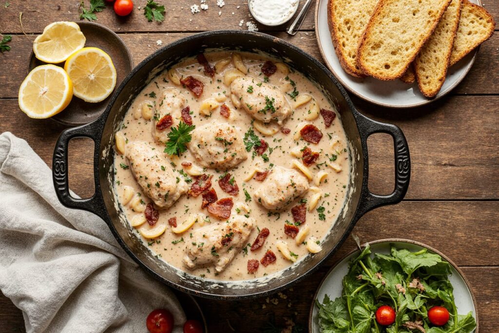 Close-up of pasta coated in creamy ranch sauce with visible chunks of chicken and bacon