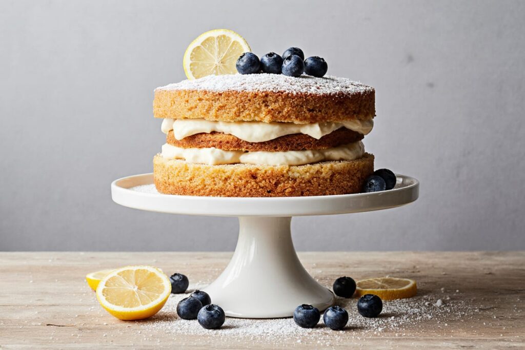 Whole blueberry cake dusted with powdered sugar on a cake stand, surrounded by fresh blueberries and lemon slices."