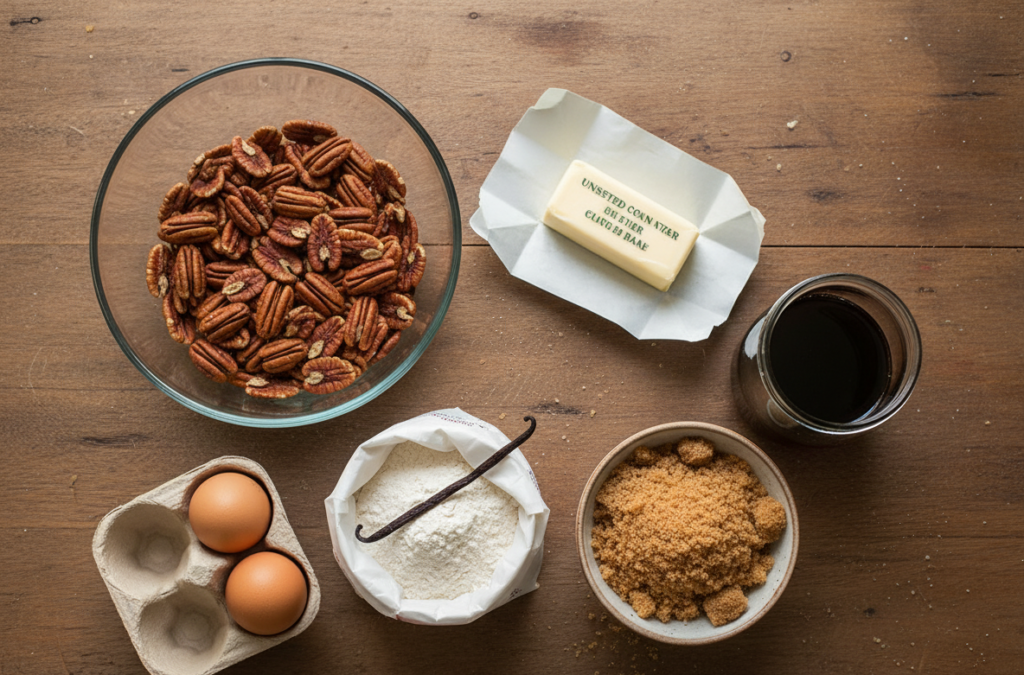 Raw ingredients for homemade pecan pie bars including pecans, butter, syrup, and sugar, arranged for baking preparation. 