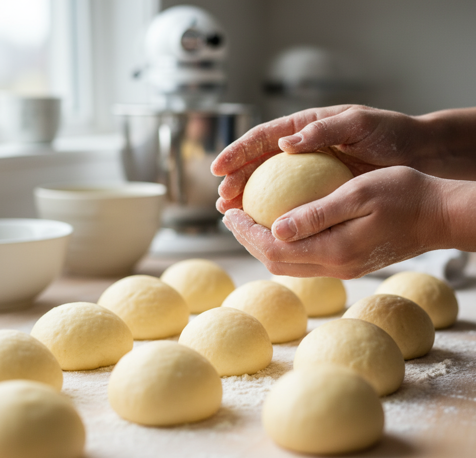 Shaping smooth dough into round balls to form individual Hawaiian rolls.