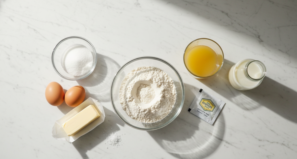 Raw ingredients for baking Hawaiian Sweet Rolls, including pineapple juice, flour, and yeast.