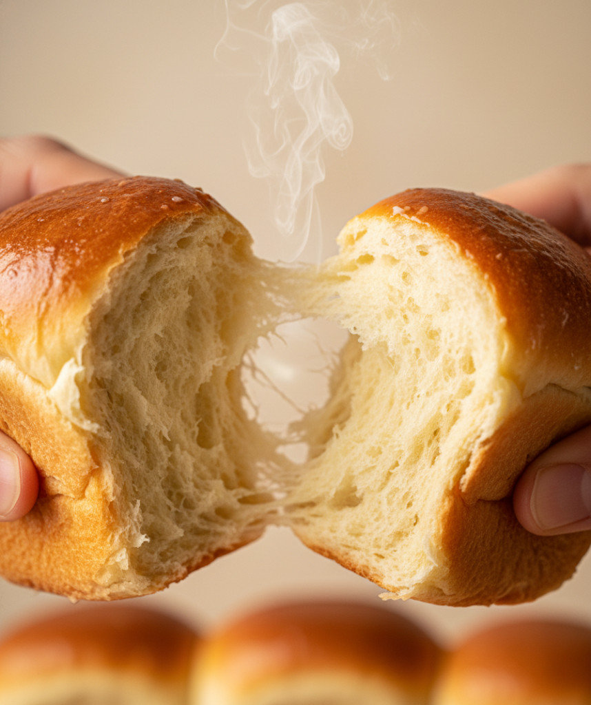 Close-up of a fluffy, soft Hawaiian Sweet Roll being pulled apart to show its perfect texture.