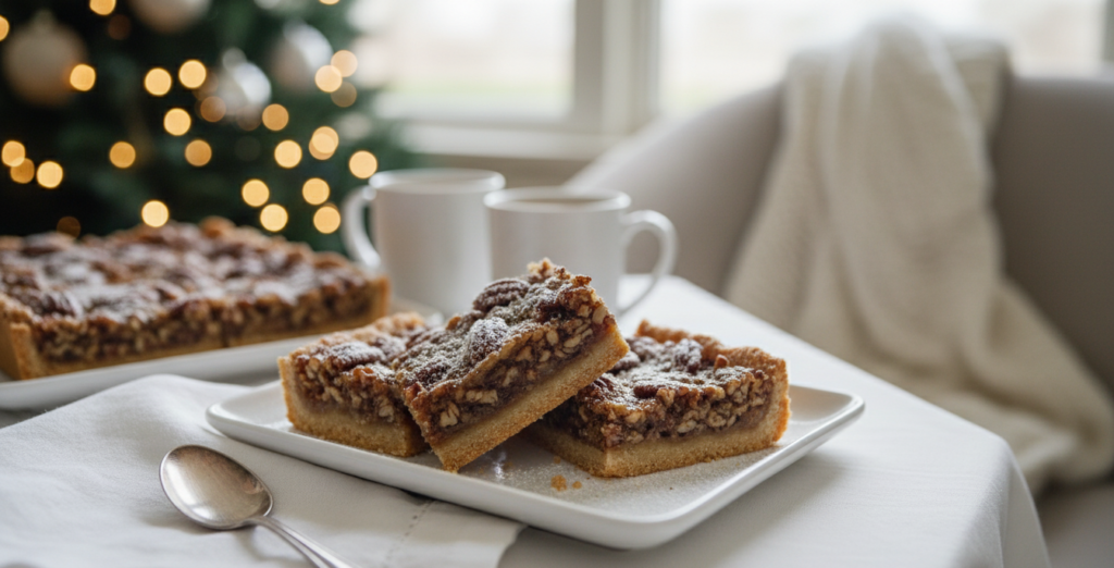 Perfectly sliced pecan pie bars served on a festive plate, ready for sharing as an easy holiday or party dessert. 