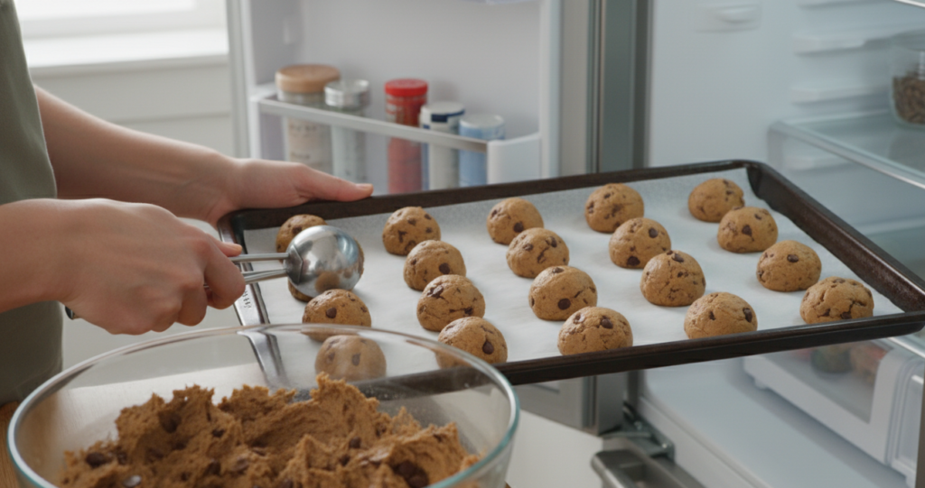 Portioning and chilling chocolate chip cookie dough on baking sheet, a crucial step for achieving chewy texture